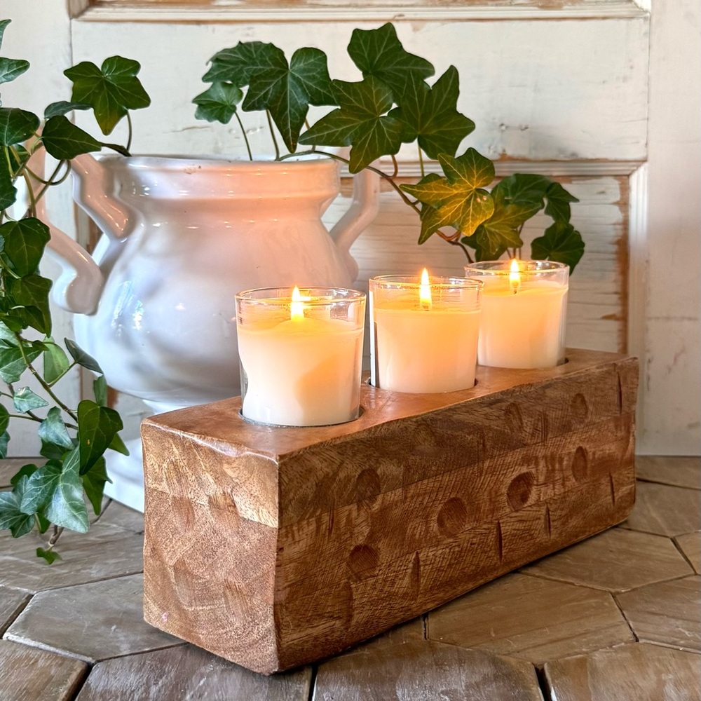 Mud Pie Rustic 3 Hole Wooden Sugar Mold, Wood Candleholder, Brown, 10.5”